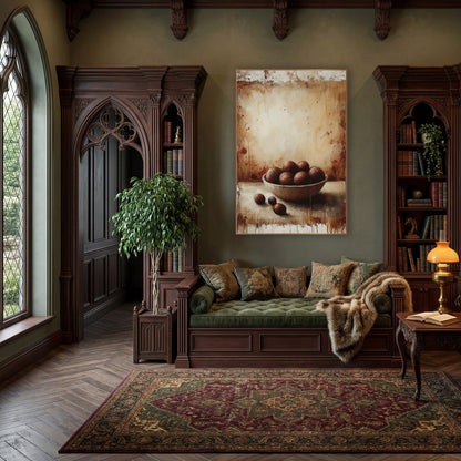 Chestnuts Beside Bowl Rustic wall art in a moody dark academia room – still life of a bowl of round brown chestnuts