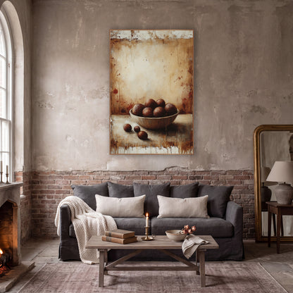 Chestnuts Beside Bowl Rustic wall art in a moody dark academia room – still life of a bowl of round brown chestnuts