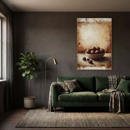 Chestnuts Beside Bowl Rustic wall art in a moody dark academia room – still life of a bowl of round brown chestnuts