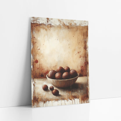 Chestnuts Beside Bowl Rustic art print leaning against a white wall – still life of a bowl of round brown chestnuts