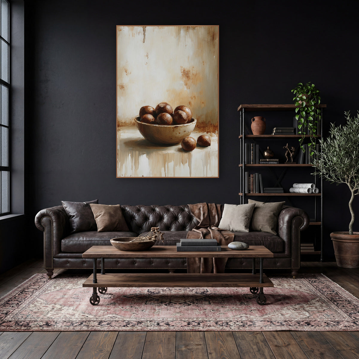 Two Chestnuts Dripping Farmhouse wall art in a moody dark academia room – still life of a shallow bowl of glossy brown