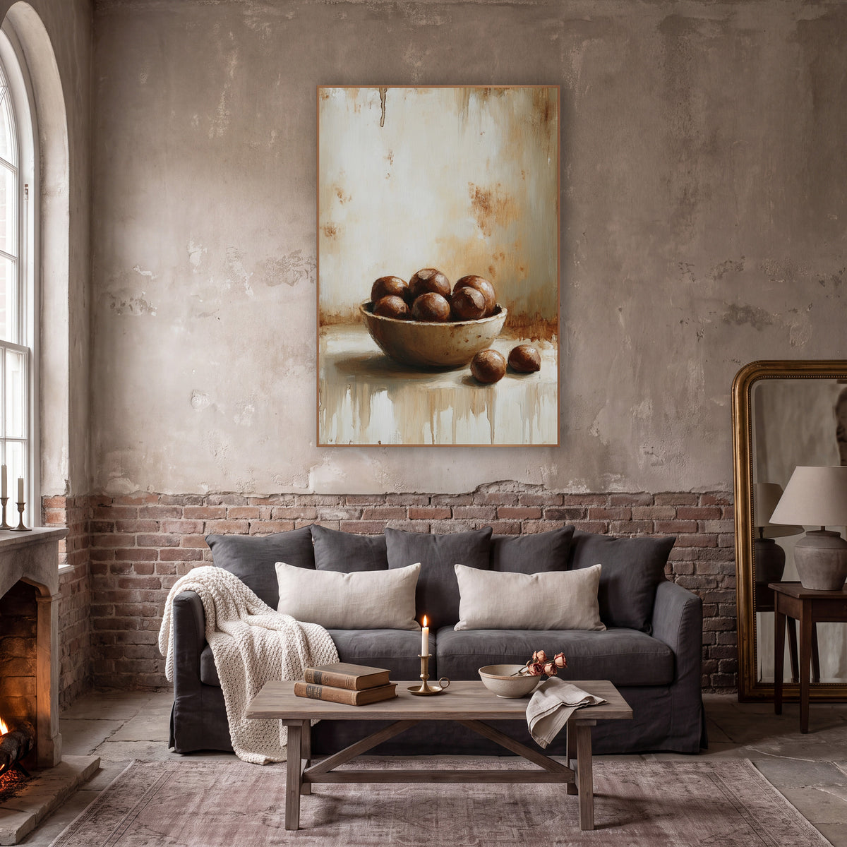 Two Chestnuts Dripping Farmhouse wall art in a moody dark academia room – still life of a shallow bowl of glossy brown