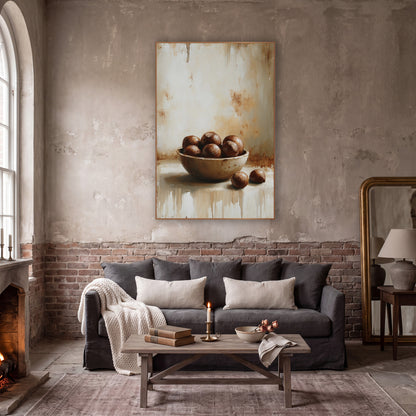 Two Chestnuts Dripping Farmhouse wall art in a moody dark academia room – still life of a shallow bowl of glossy brown
