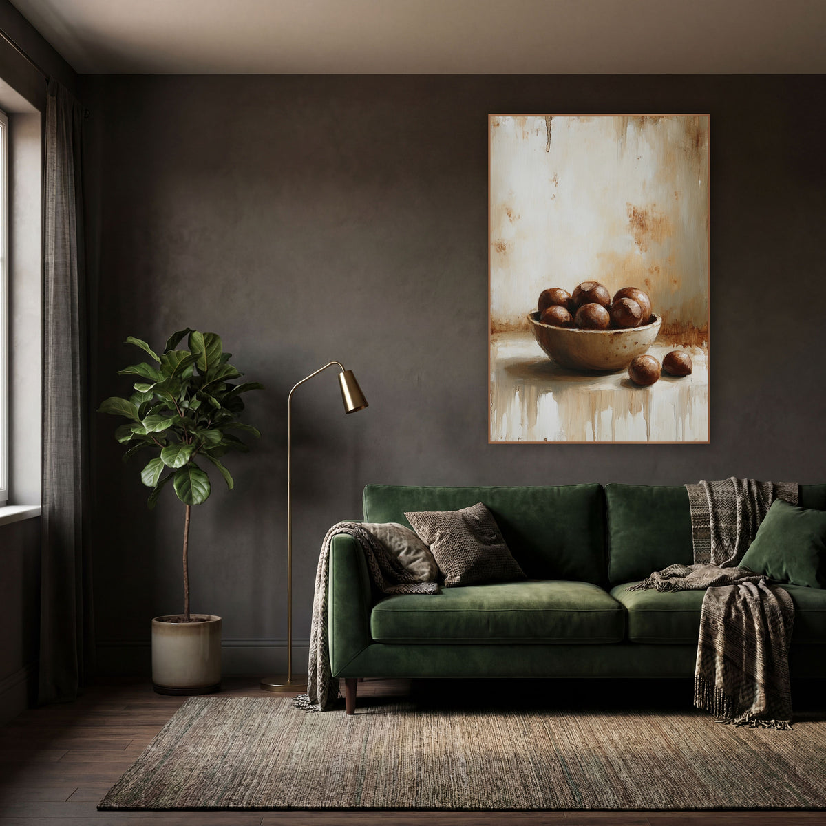 Two Chestnuts Dripping Farmhouse wall art in a moody dark academia room – still life of a shallow bowl of glossy brown