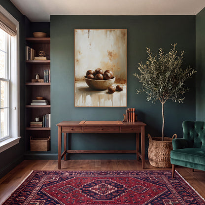 Two Chestnuts Dripping Farmhouse wall art in a moody dark academia room – still life of a shallow bowl of glossy brown