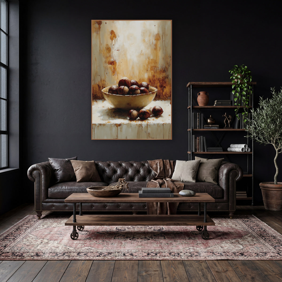 Chestnut Bowl Ledge Rustic Study wall art in a moody dark academia room – cream bowl of glossy brown chestnuts