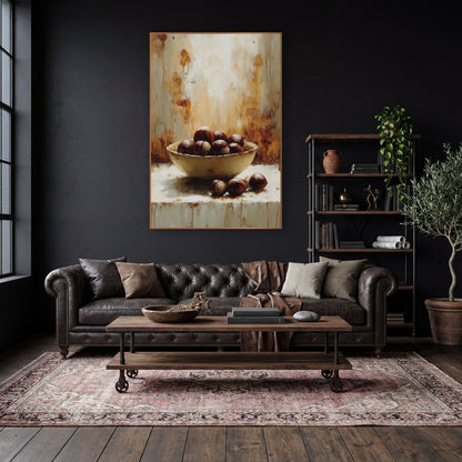Chestnut Bowl Ledge Rustic Study wall art in a moody dark academia room – cream bowl of glossy brown chestnuts