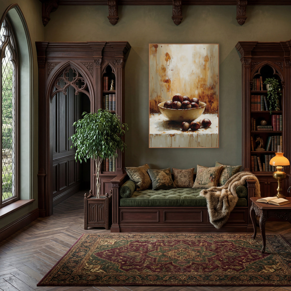 Chestnut Bowl Ledge Rustic Study wall art in a moody dark academia room – cream bowl of glossy brown chestnuts