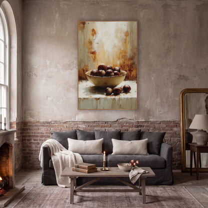 Chestnut Bowl Ledge Rustic Study wall art in a moody dark academia room – cream bowl of glossy brown chestnuts