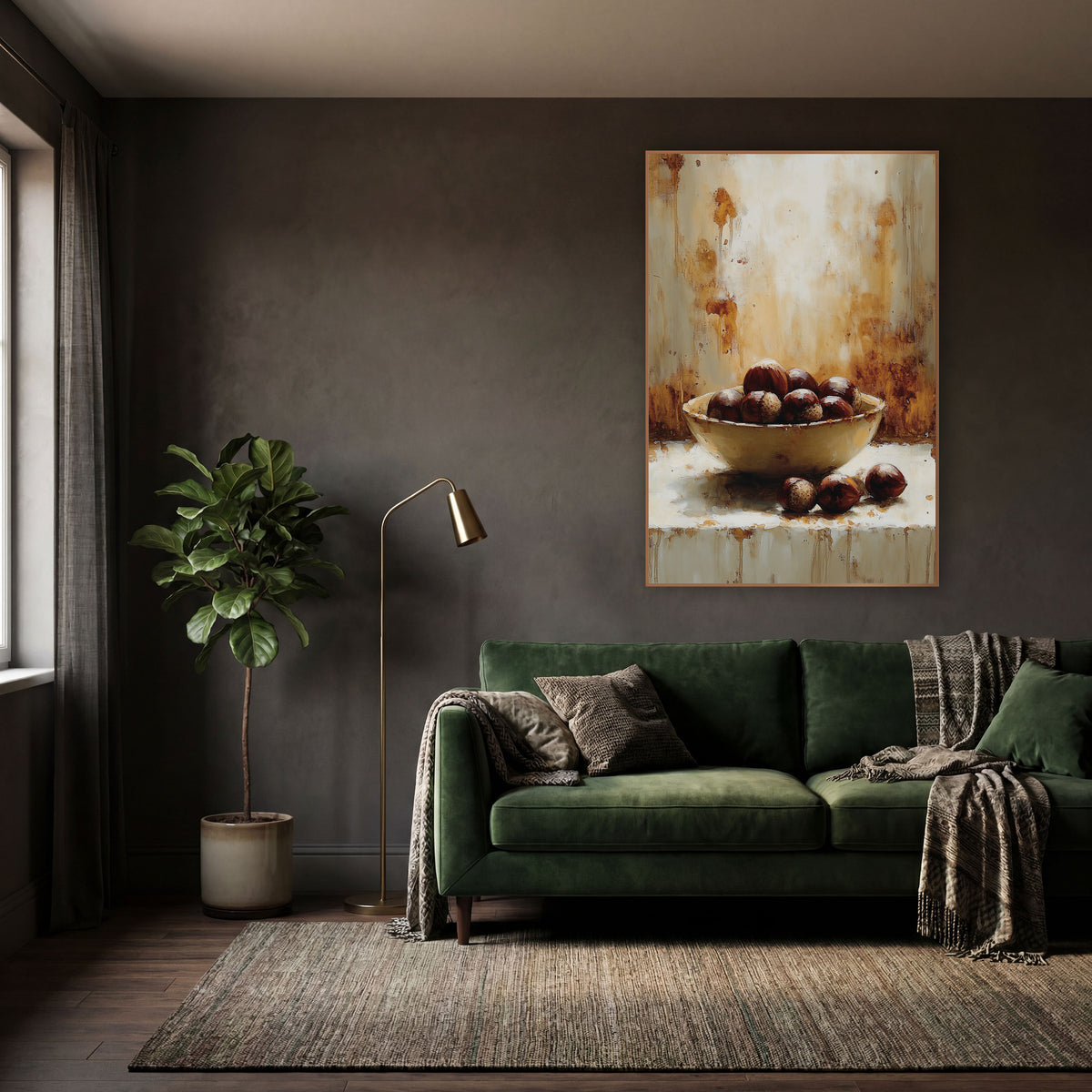 Chestnut Bowl Ledge Rustic Study wall art in a moody dark academia room – cream bowl of glossy brown chestnuts