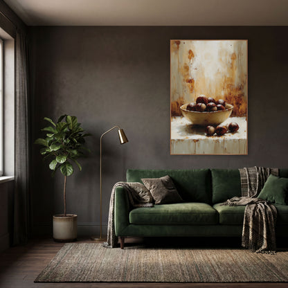 Chestnut Bowl Ledge Rustic Study wall art in a moody dark academia room – cream bowl of glossy brown chestnuts