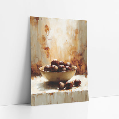 Chestnut Bowl Ledge Rustic Study art print leaning against a white wall – cream bowl of glossy brown chestnuts with three
