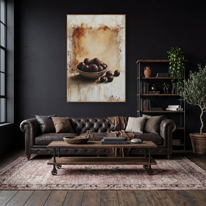Scattered Chestnuts Bowl Classic Study wall art in a moody dark academia room – still life of glossy brown chestnuts