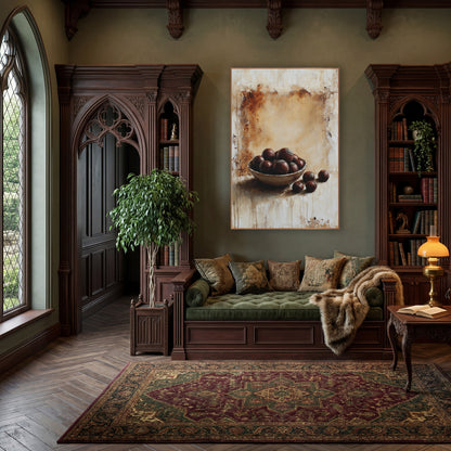 Scattered Chestnuts Bowl Classic Study wall art in a moody dark academia room – still life of glossy brown chestnuts