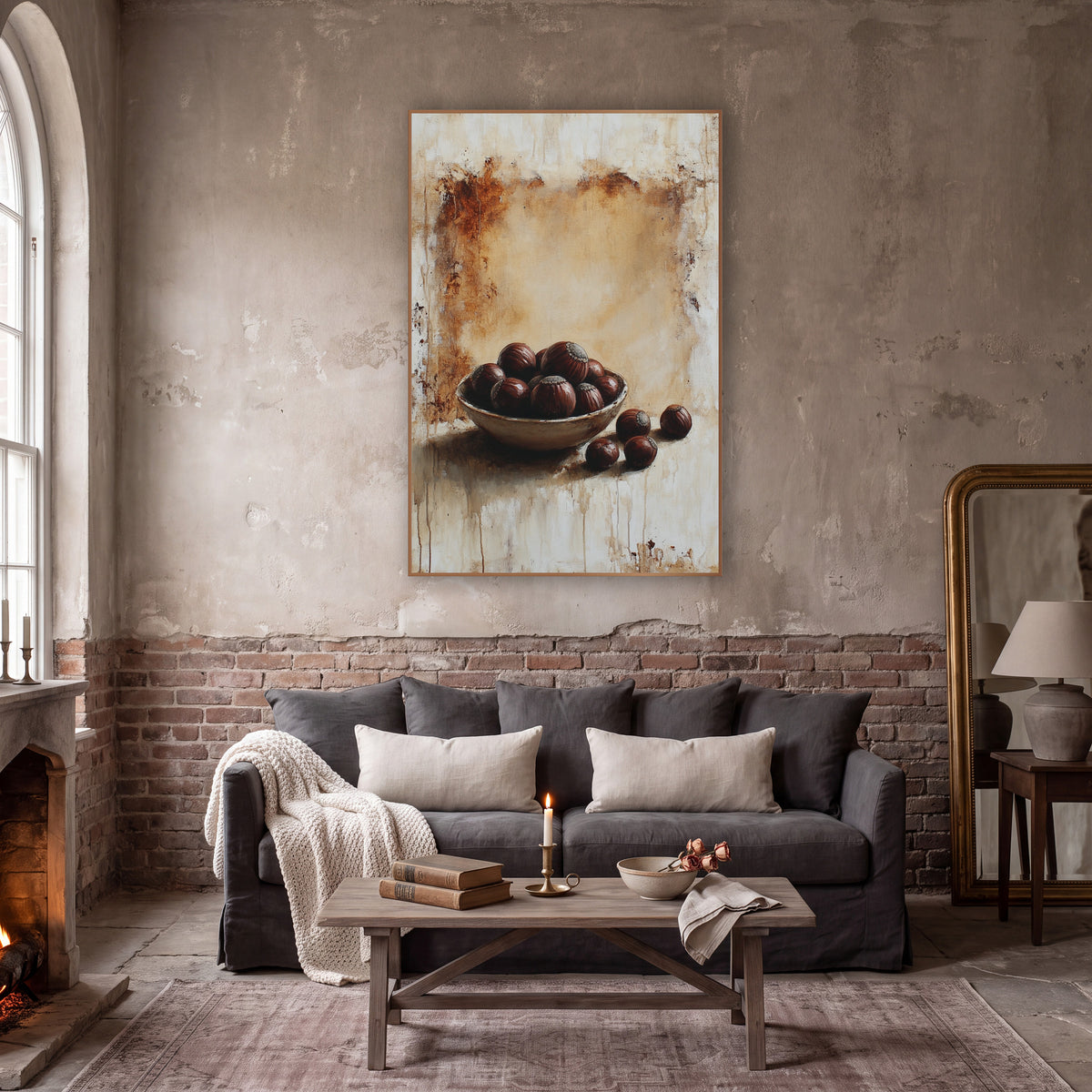 Scattered Chestnuts Bowl Classic Study wall art in a moody dark academia room – still life of glossy brown chestnuts