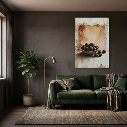 Scattered Chestnuts Bowl Classic Study wall art in a moody dark academia room – still life of glossy brown chestnuts