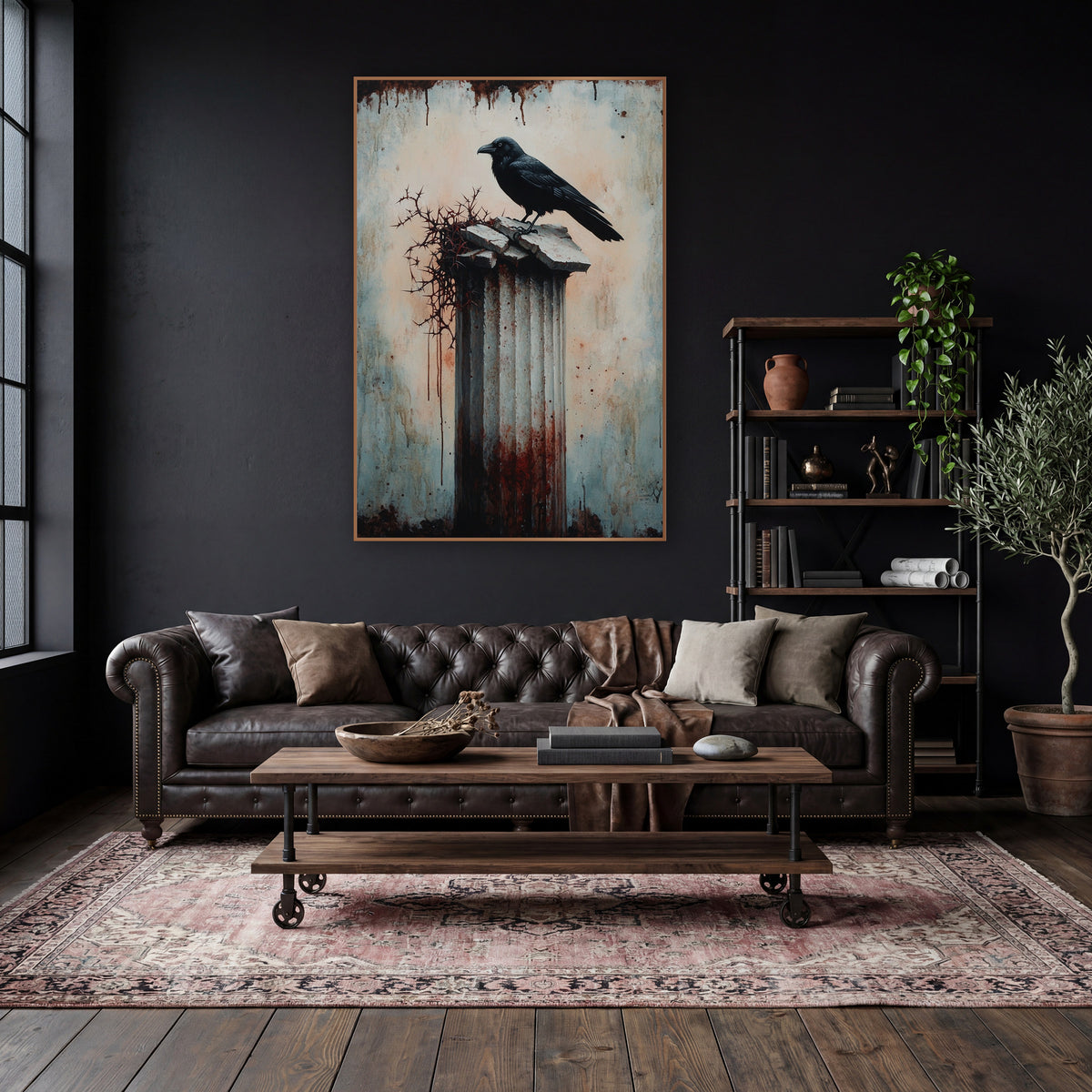 Raven Thorned Column Gothic wall art in a moody dark academia room – black raven perched on a cracked fluted column