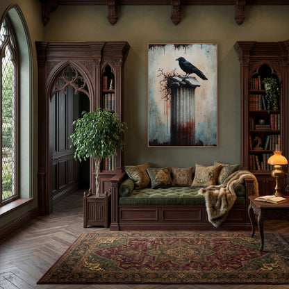 Raven Thorned Column Gothic wall art in a moody dark academia room – black raven perched on a cracked fluted column