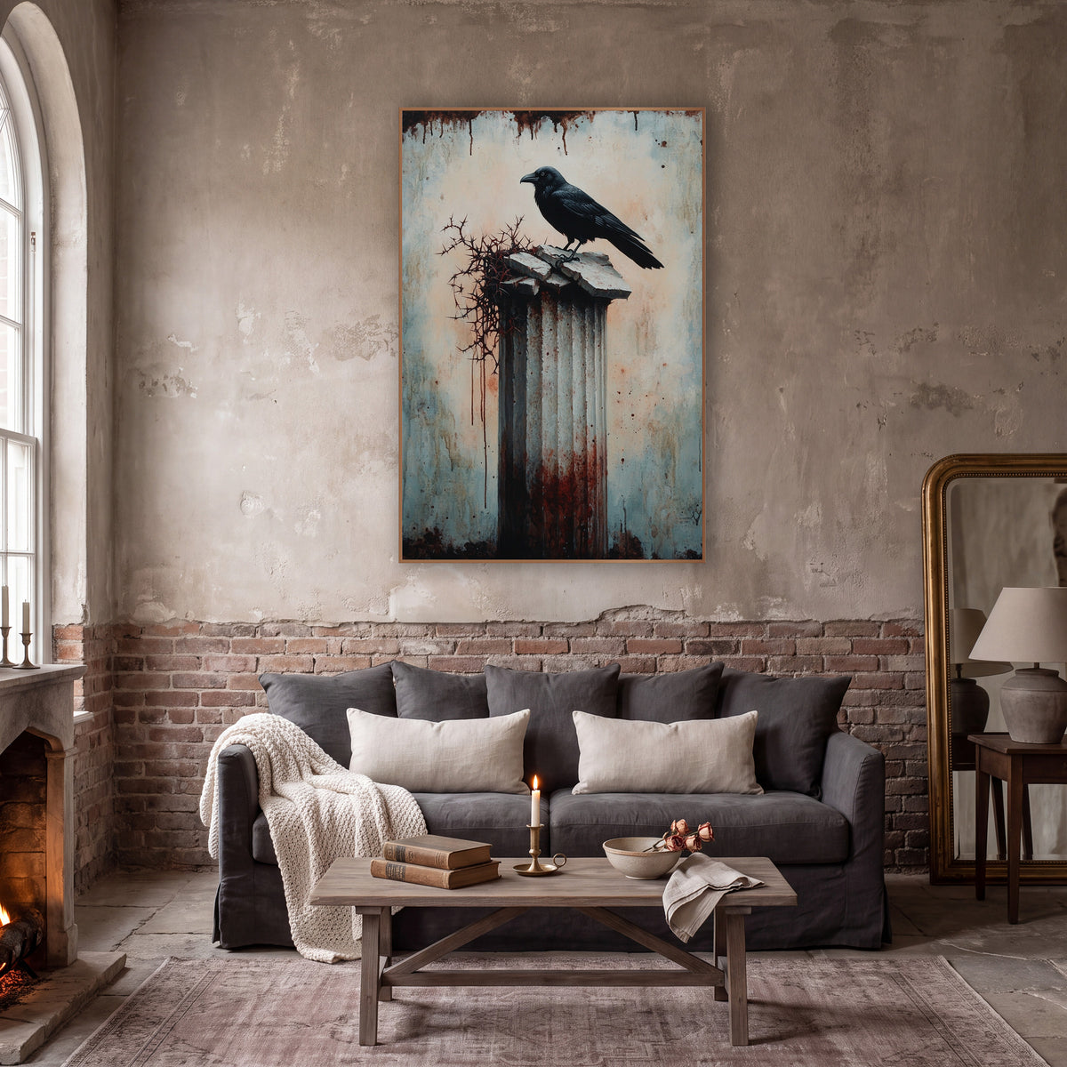 Raven Thorned Column Gothic wall art in a moody dark academia room – black raven perched on a cracked fluted column