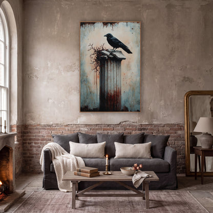 Raven Thorned Column Gothic wall art in a moody dark academia room – black raven perched on a cracked fluted column