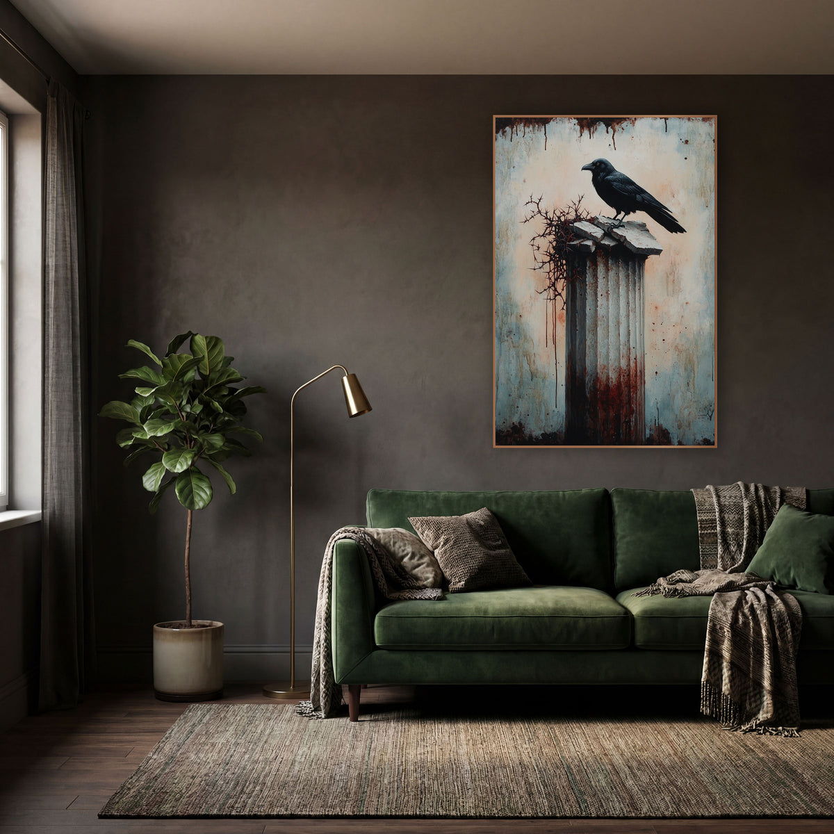 Raven Thorned Column Gothic wall art in a moody dark academia room – black raven perched on a cracked fluted column