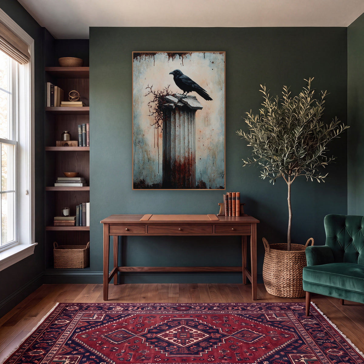Raven Thorned Column Gothic wall art in a moody dark academia room – black raven perched on a cracked fluted column