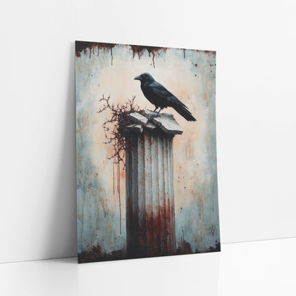 Raven Thorned Column Gothic art print leaning against a white wall – black raven perched on a cracked fluted column