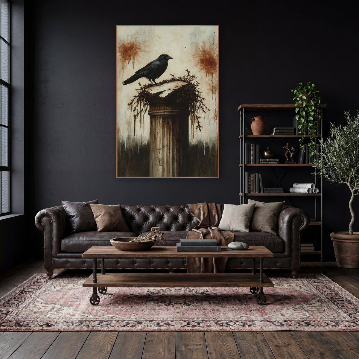 Black Crow Broken Column Gothic wall art in a moody dark academia room – black crow standing on a cracked stone column