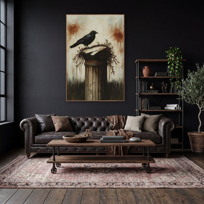 Black Crow Broken Column Gothic wall art in a moody dark academia room – black crow standing on a cracked stone column