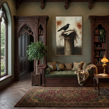 Black Crow Broken Column Gothic wall art in a moody dark academia room – black crow standing on a cracked stone column
