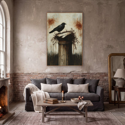 Black Crow Broken Column Gothic wall art in a moody dark academia room – black crow standing on a cracked stone column