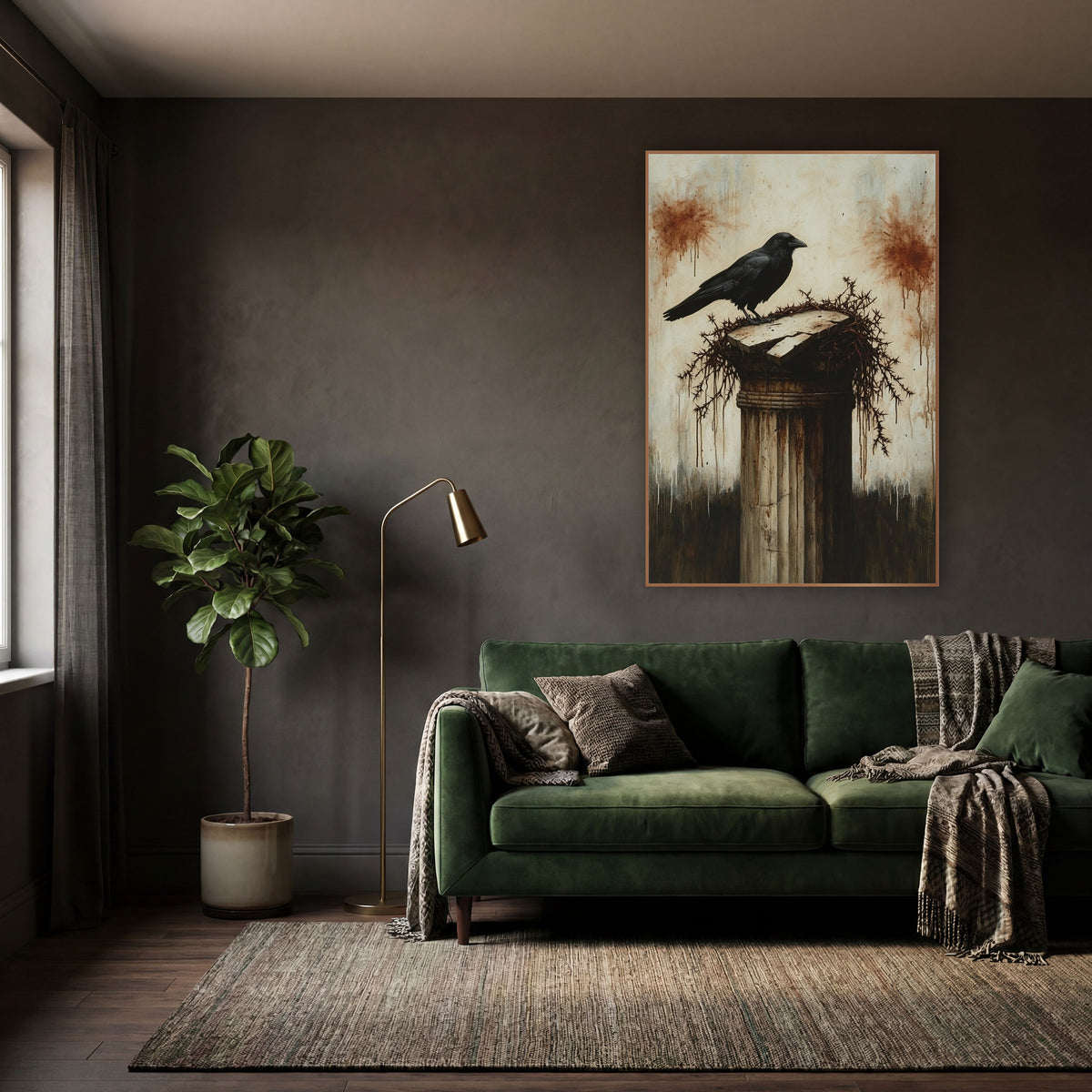 Black Crow Broken Column Gothic wall art in a moody dark academia room – black crow standing on a cracked stone column