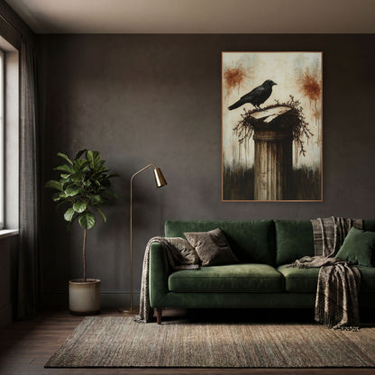 Black Crow Broken Column Gothic wall art in a moody dark academia room – black crow standing on a cracked stone column
