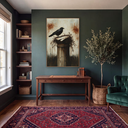 Black Crow Broken Column Gothic wall art in a moody dark academia room – black crow standing on a cracked stone column