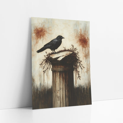 Black Crow Broken Column Gothic art print leaning against a white wall – black crow standing on a cracked stone column topped