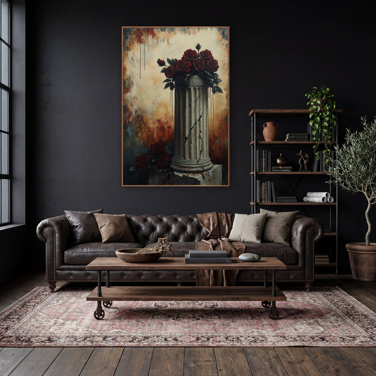 Fractured Pillar Crimson Roses Gothic wall art in a moody dark academia room – dark red roses piled on a cracked