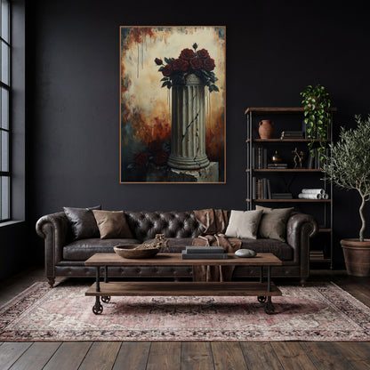 Fractured Pillar Crimson Roses Gothic wall art in a moody dark academia room – dark red roses piled on a cracked