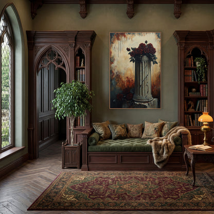 Fractured Pillar Crimson Roses Gothic wall art in a moody dark academia room – dark red roses piled on a cracked