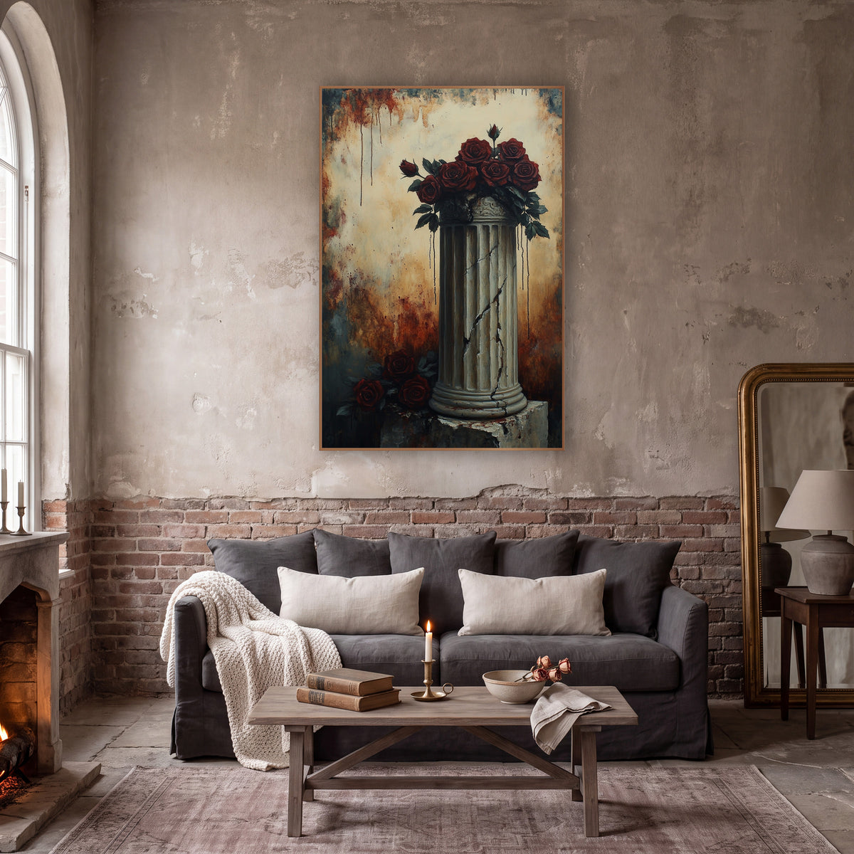 Fractured Pillar Crimson Roses Gothic wall art in a moody dark academia room – dark red roses piled on a cracked
