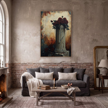 Fractured Pillar Crimson Roses Gothic wall art in a moody dark academia room – dark red roses piled on a cracked