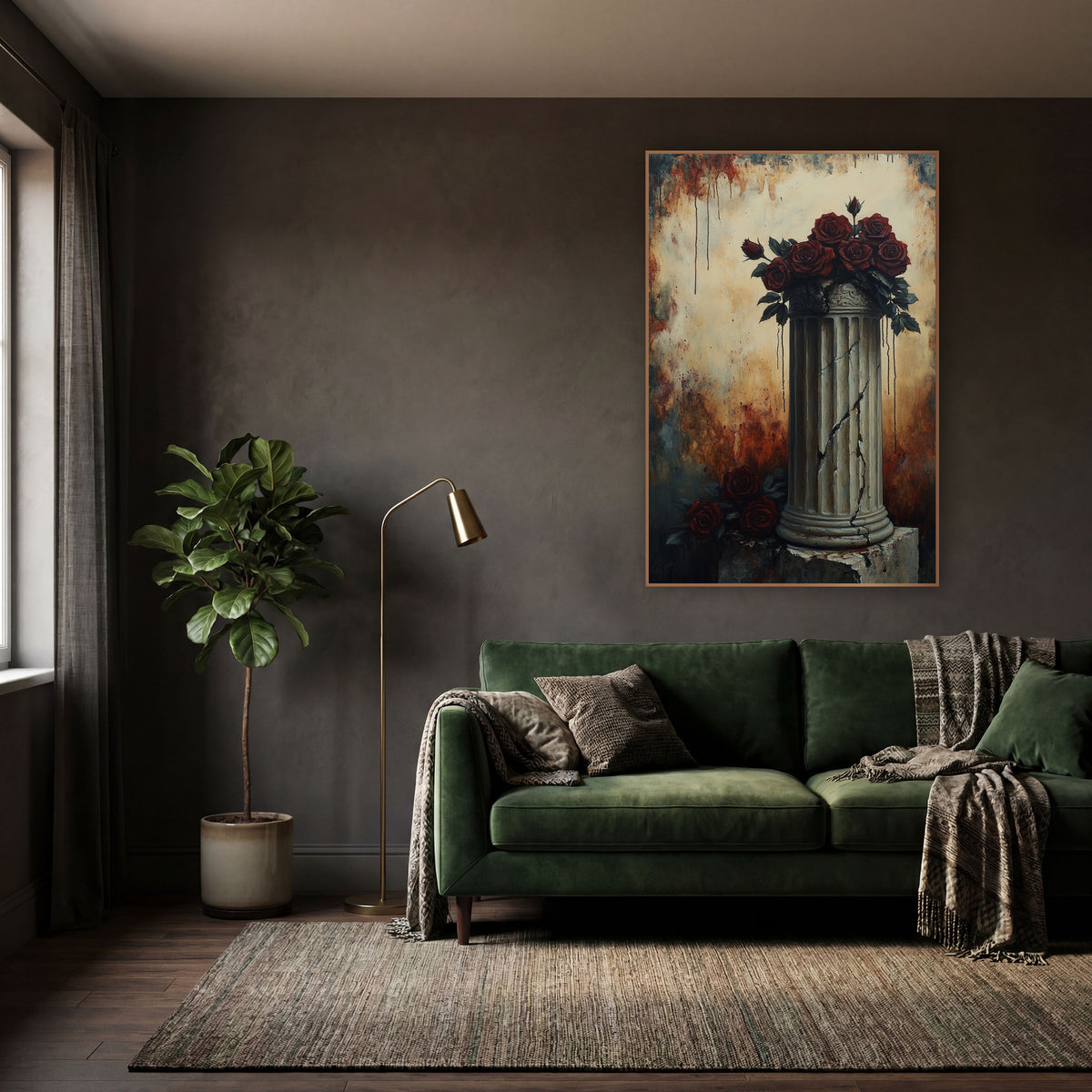 Fractured Pillar Crimson Roses Gothic wall art in a moody dark academia room – dark red roses piled on a cracked
