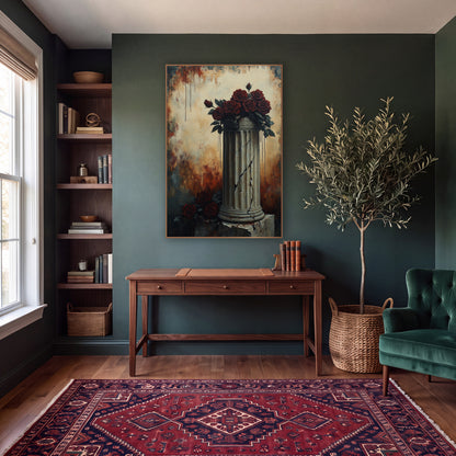 Fractured Pillar Crimson Roses Gothic wall art in a moody dark academia room – dark red roses piled on a cracked