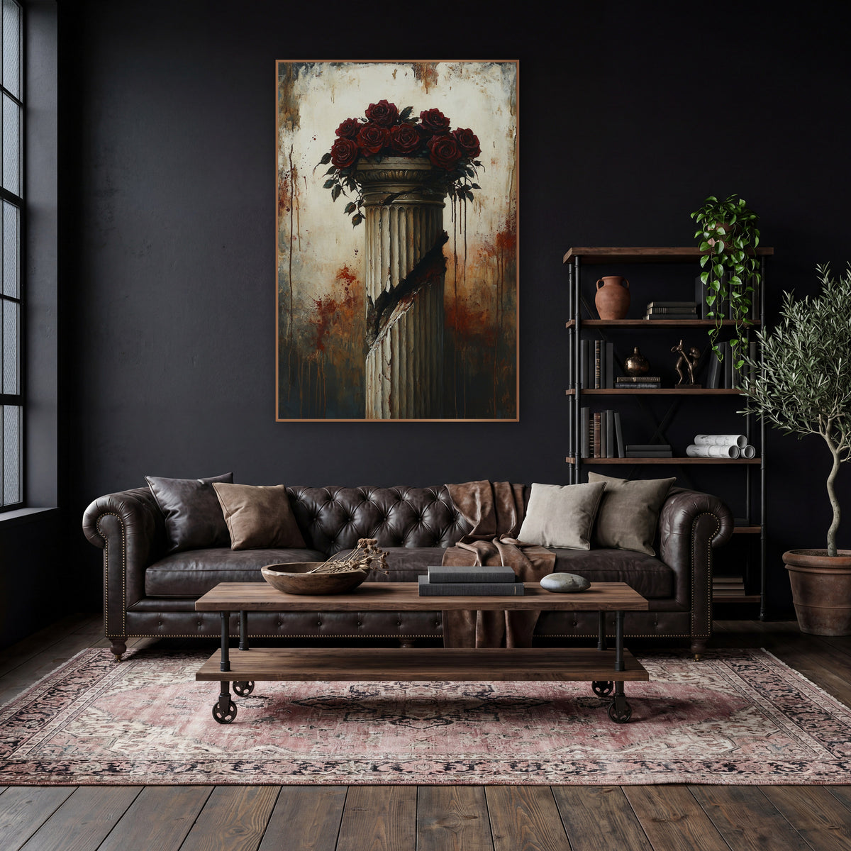 Crimson Roses Slashed Column Gothic wall art in a moody dark academia room – dark red roses on top of a cracked fluted