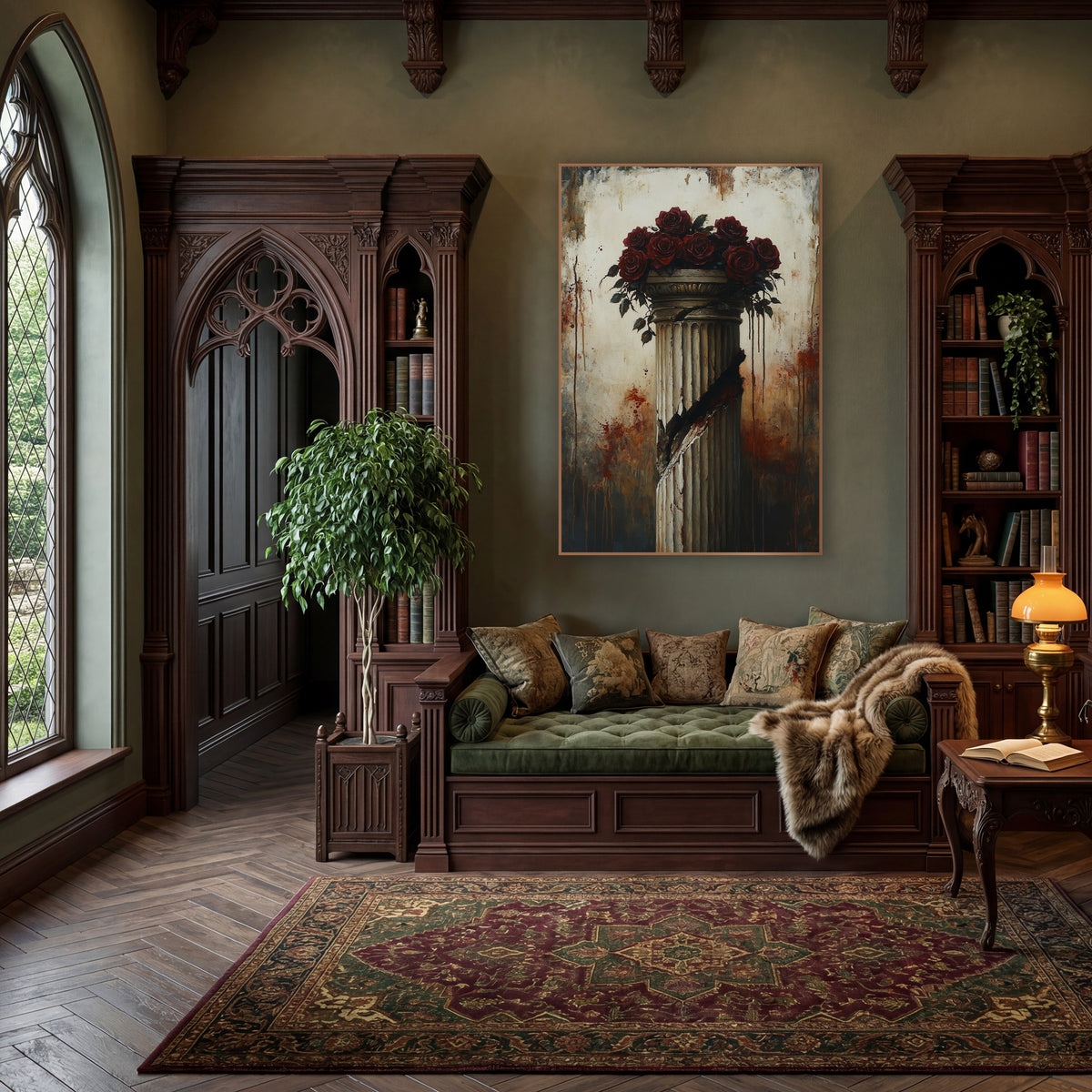 Crimson Roses Slashed Column Gothic wall art in a moody dark academia room – dark red roses on top of a cracked fluted