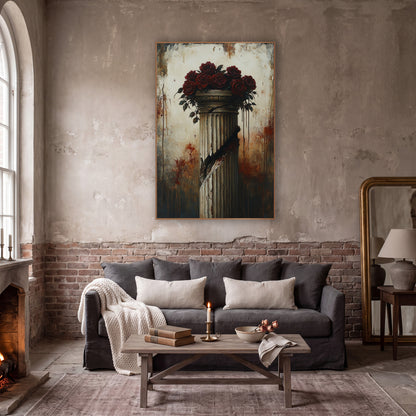 Crimson Roses Slashed Column Gothic wall art in a moody dark academia room – dark red roses on top of a cracked fluted