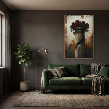Crimson Roses Slashed Column Gothic wall art in a moody dark academia room – dark red roses on top of a cracked fluted
