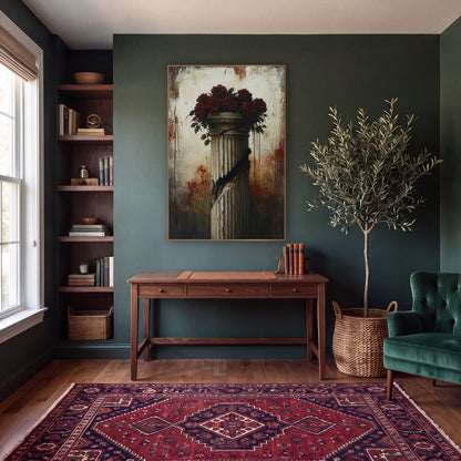 Crimson Roses Slashed Column Gothic wall art in a moody dark academia room – dark red roses on top of a cracked fluted