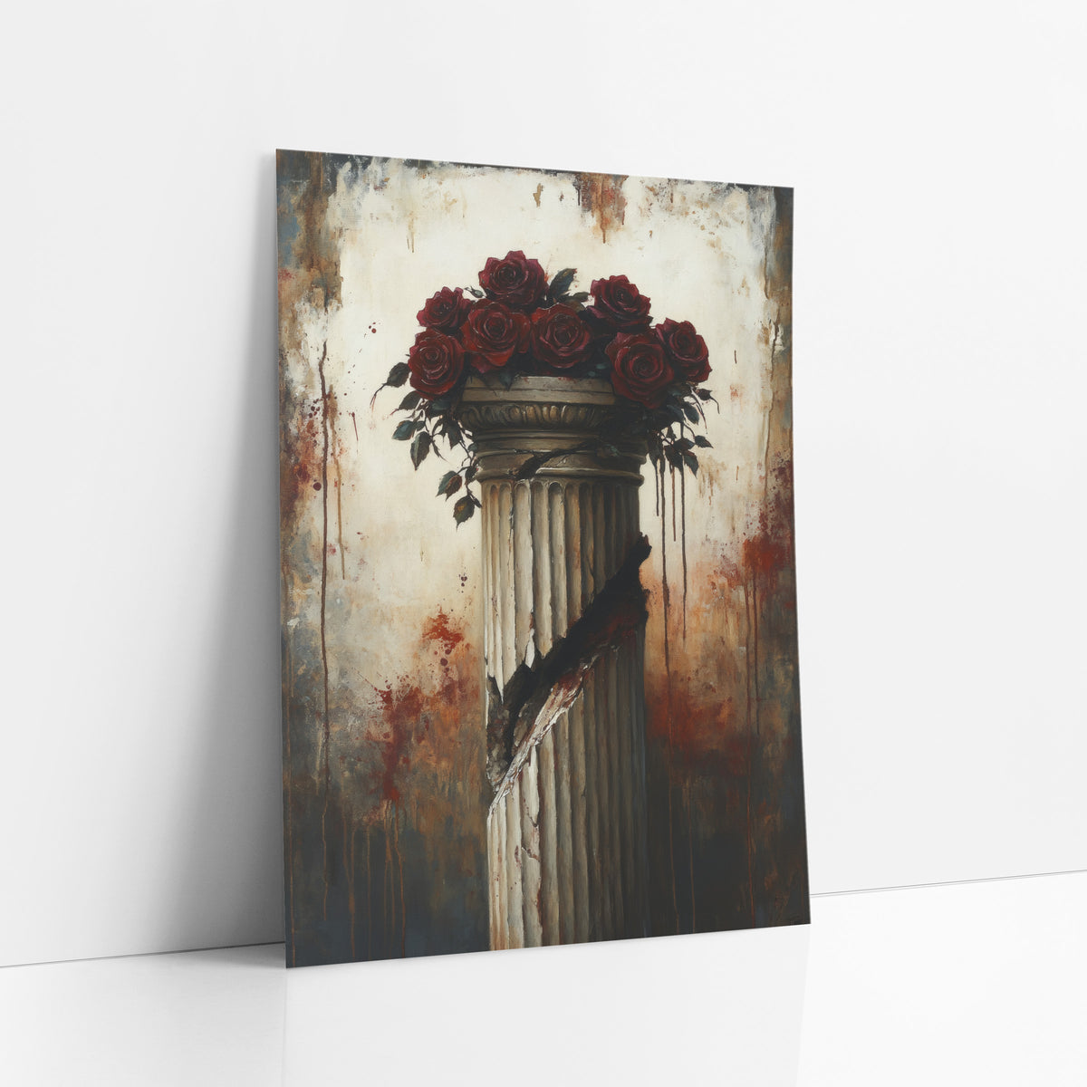 Crimson Roses Slashed Column Gothic art print leaning against a white wall – dark red roses on top of a cracked fluted column
