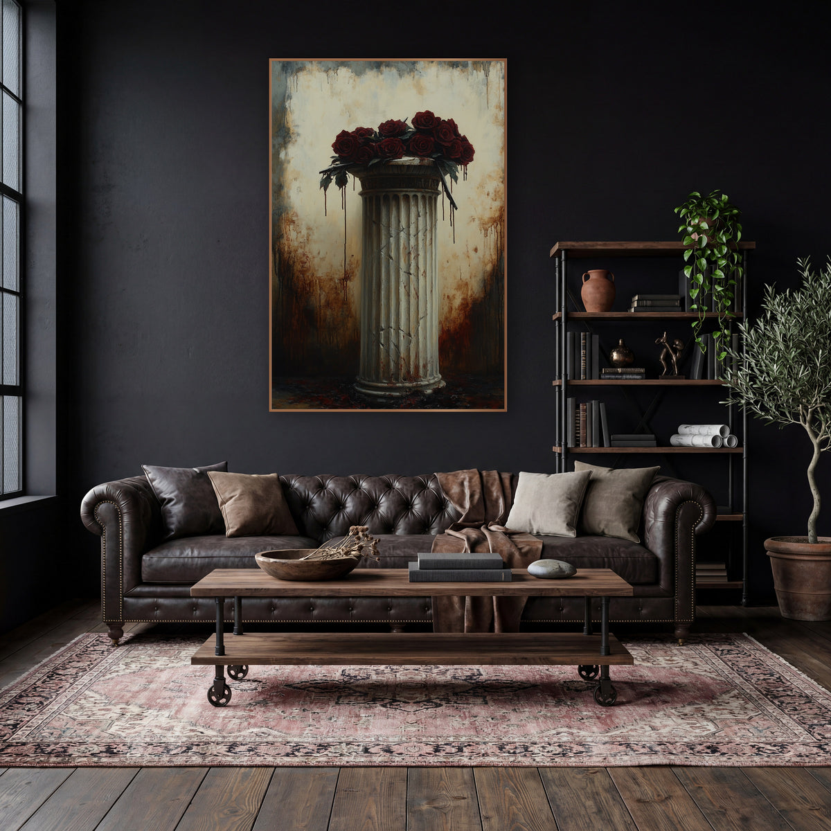 Burgundy Roses Hairline Pedestal Moody wall art in a moody dark academia room – dark red roses piled on a cracked