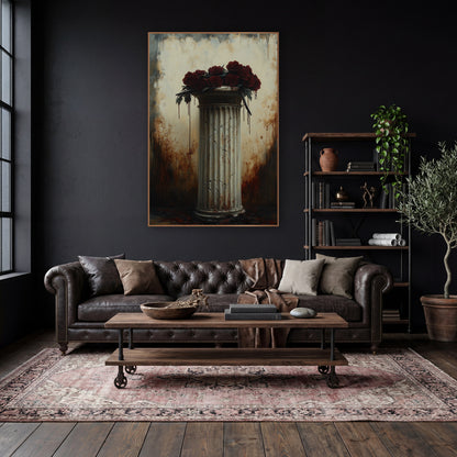 Burgundy Roses Hairline Pedestal Moody wall art in a moody dark academia room – dark red roses piled on a cracked